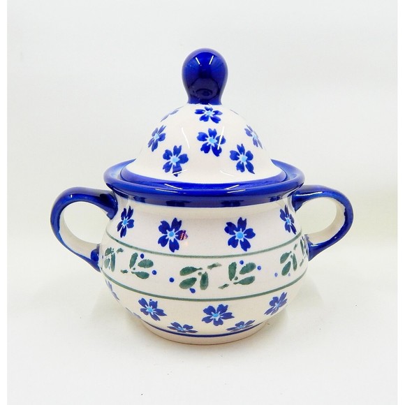 Zaklady Polish Pottery Lidded Sugar Bowl Daisy Field Aqua Floral Ivy Leaves - Picture 3 of 11